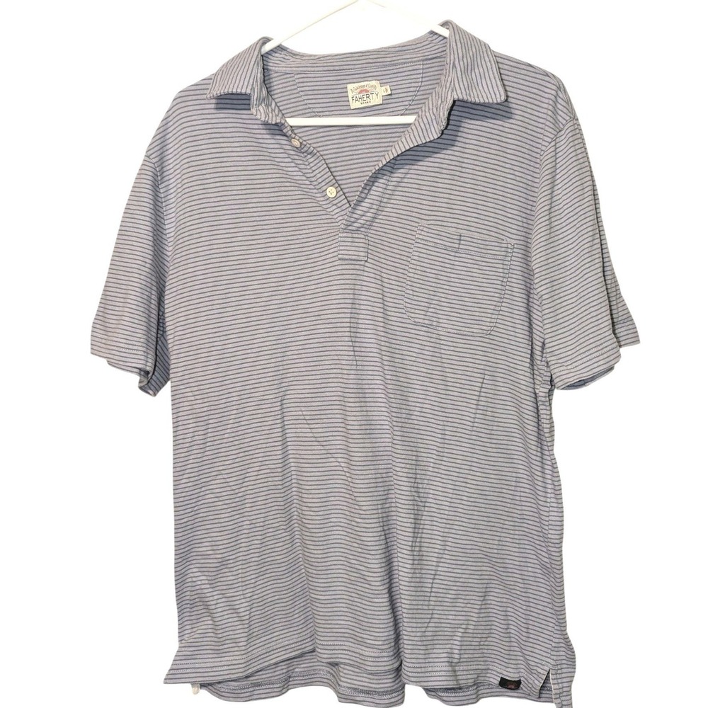 Faherty Brand Mens Large Blue Striped Short Sleeve Cotton Polo Shirt MKU2146-DGL